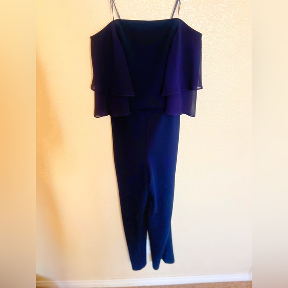 Halston Heritage- Navy Strapless Flowy Chiffon & Crepe Jumpsuit - Picture 3 of 5